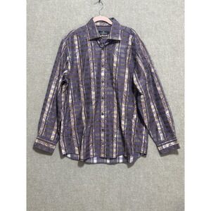 Bugatchi‎ Uomo Shirt Mens Large Purple Gold Plaid Paisley Button Up Long Sleeve